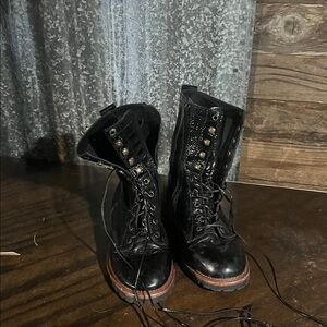 Black Lace-Up Boots with Brown Sole